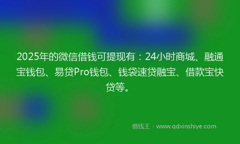 2025年的微信借钱可提现有：24小时商城、融通宝钱包、易贷Pro钱包、钱袋速贷融宝、借款宝快贷等。