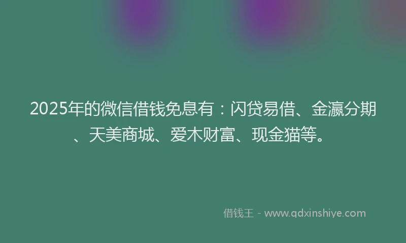 2025年的微信借钱免息有：闪贷易借、金瀛分期、天美商城、爱木财富、现金猫等。