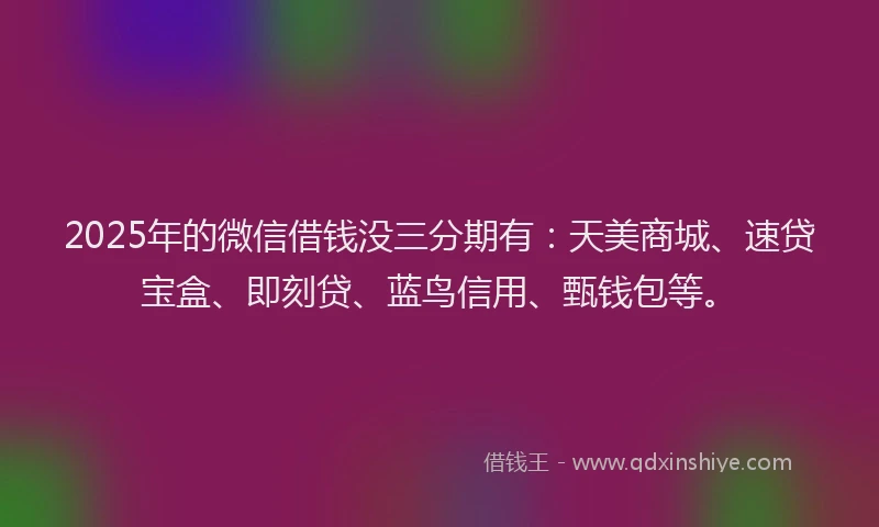 2025年的微信借钱没三分期有：天美商城、速贷宝盒、即刻贷、蓝鸟信用、甄钱包等。