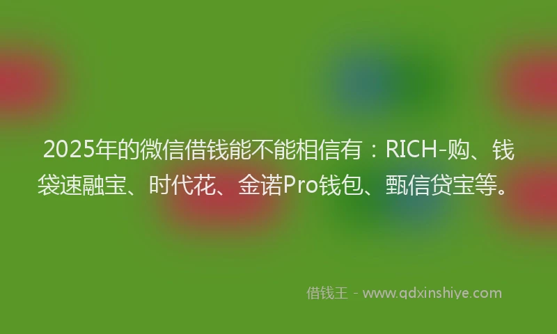 2025年的微信借钱能不能相信有：RICH-购、钱袋速融宝、时代花、金诺Pro钱包、甄信贷宝等。