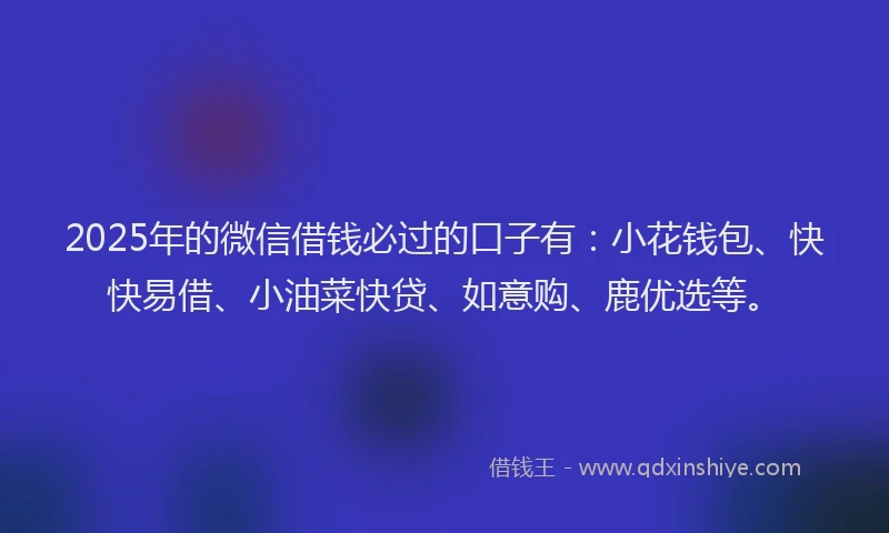2025年的微信借钱必过的口子有：小花钱包、快快易借、小油菜快贷、如意购、鹿优选等。