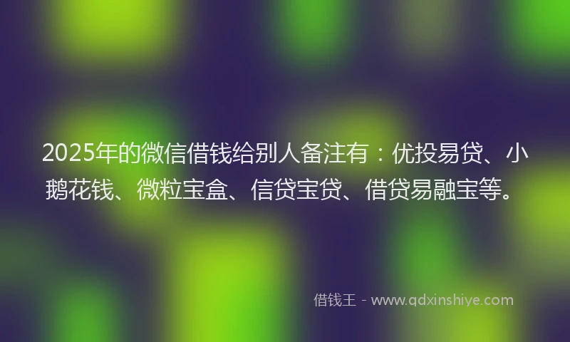 2025年的微信借钱给别人备注有：优投易贷、小鹅花钱、微粒宝盒、信贷宝贷、借贷易融宝等。