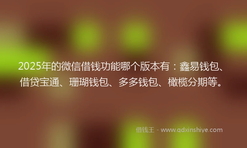 2025年的微信借钱功能哪个版本有：鑫易钱包、借贷宝通、珊瑚钱包、多多钱包、橄榄分期等。