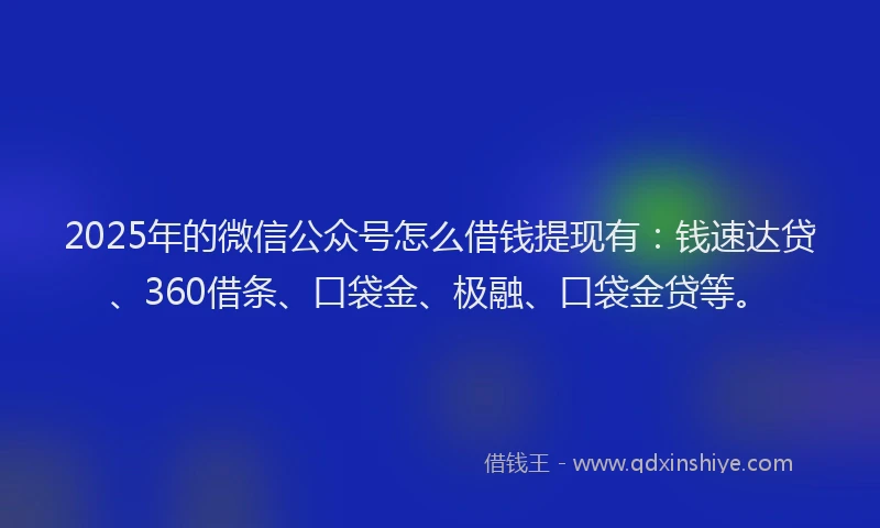 2025年的微信公众号怎么借钱提现有：钱速达贷、360借条、口袋金、极融、口袋金贷等。