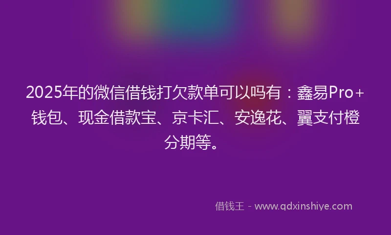 2025年的微信借钱打欠款单可以吗有：鑫易Pro+钱包、现金借款宝、京卡汇、安逸花、翼支付橙分期等。