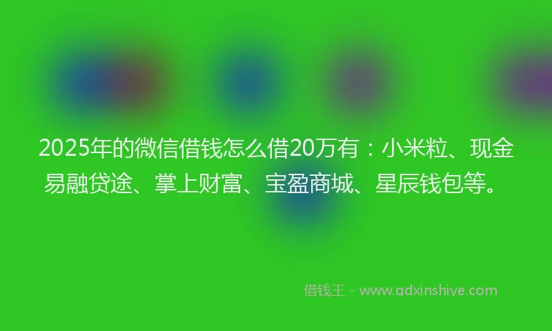 2025年的微信借钱怎么借20万有：小米粒、现金易融贷途、掌上财富、宝盈商城、星辰钱包等。