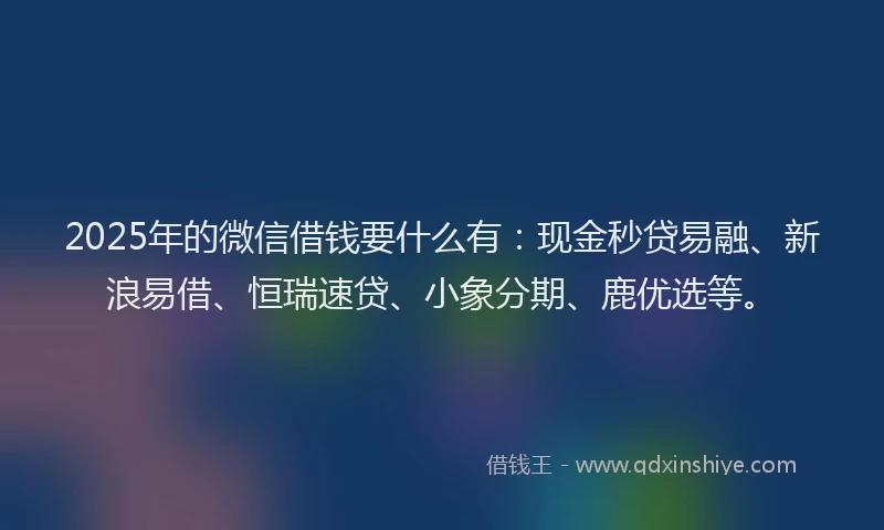 2025年的微信借钱要什么有：现金秒贷易融、新浪易借、恒瑞速贷、小象分期、鹿优选等。