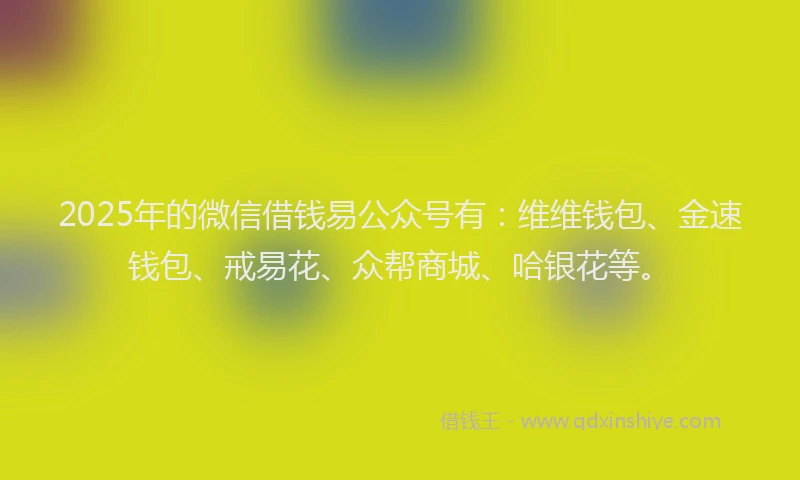 2025年的微信借钱易公众号有：维维钱包、金速钱包、戒易花、众帮商城、哈银花等。