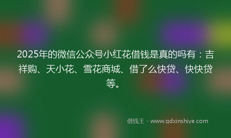 2025年的微信公众号小红花借钱是真的吗有：吉祥购、天小花、雪花商城、借了么快贷、快快贷等。