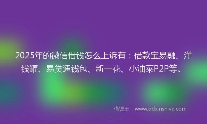 2025年的微信借钱怎么上诉有:借款宝易融、洋钱罐、易贷通钱包、新一花、小油菜P2P等。