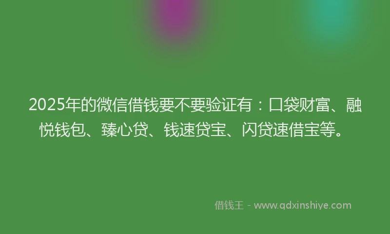2025年的微信借钱要不要验证有：口袋财富、融悦钱包、臻心贷、钱速贷宝、闪贷速借宝等。