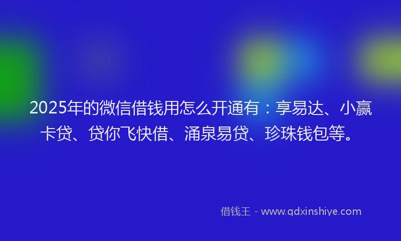 2025年的微信借钱用怎么开通有：享易达、小赢卡贷、贷你飞快借、涌泉易贷、珍珠钱包等。