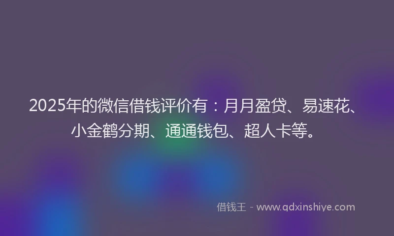 2025年的微信借钱评价有：月月盈贷、易速花、小金鹤分期、通通钱包、超人卡等。