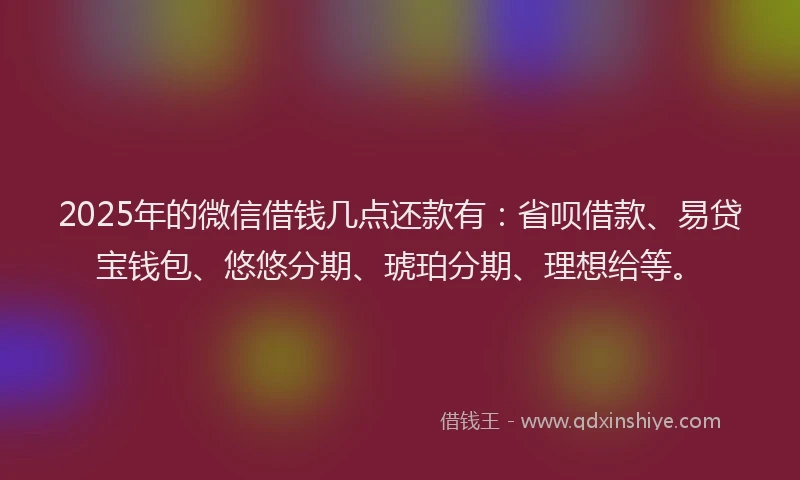 2025年的微信借钱几点还款有：省呗借款、易贷宝钱包、悠悠分期、琥珀分期、理想给等。