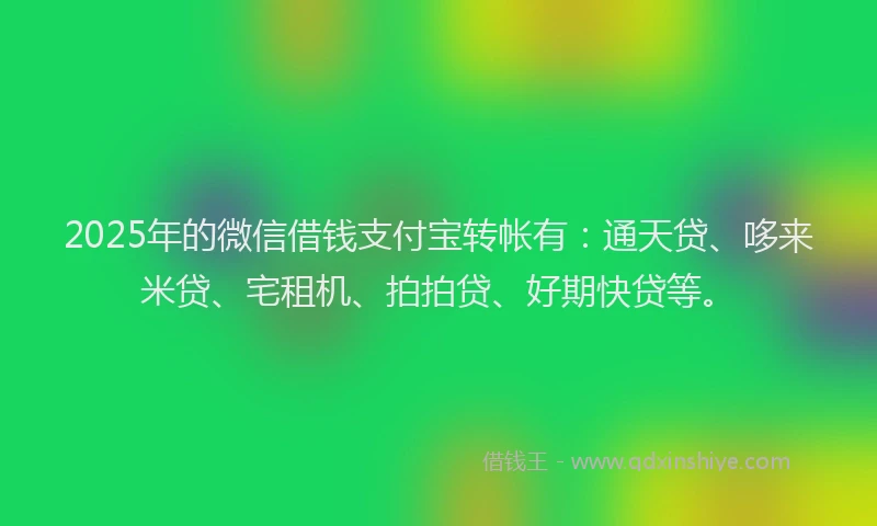 2025年的微信借钱支付宝转帐有：通天贷、哆来米贷、宅租机、拍拍贷、好期快贷等。