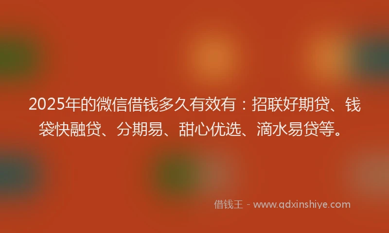 2025年的微信借钱多久有效有：招联好期贷、钱袋快融贷、分期易、甜心优选、滴水易贷等。