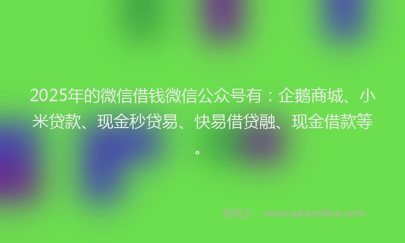 2025年的微信借钱微信公众号有：企鹅商城、小米贷款、现金秒贷易、快易借贷融、现金借款等。