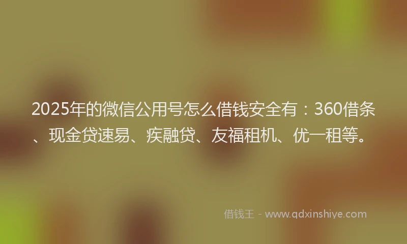 2025年的微信公用号怎么借钱安全有：360借条、现金贷速易、疾融贷、友福租机、优一租等。
