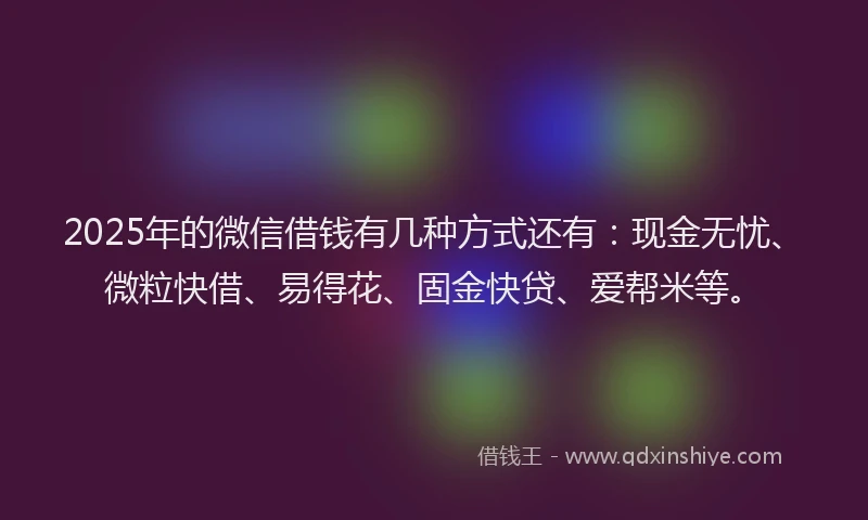2025年的微信借钱有几种方式还有：现金无忧、微粒快借、易得花、固金快贷、爱帮米等。