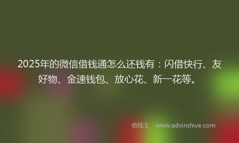2025年的微信借钱通怎么还钱有：闪借快行、友好物、金速钱包、放心花、新一花等。