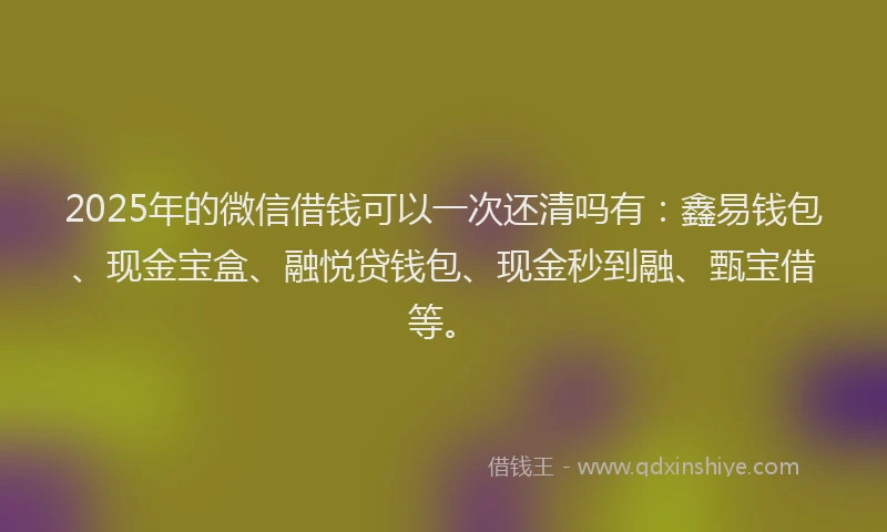 2025年的微信借钱可以一次还清吗有：鑫易钱包、现金宝盒、融悦贷钱包、现金秒到融、甄宝借等。