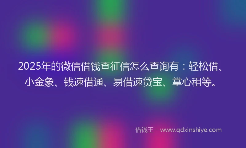2025年的微信借钱查征信怎么查询有：轻松借、小金象、钱速借通、易借速贷宝、掌心租等。