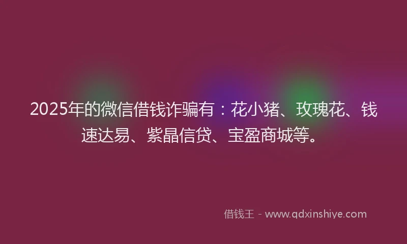 2025年的微信借钱诈骗有：花小猪、玫瑰花、钱速达易、紫晶信贷、宝盈商城等。