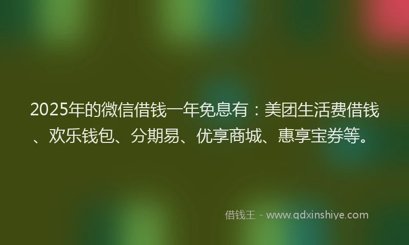 2025年的微信借钱一年免息有：美团生活费借钱、欢乐钱包、分期易、优享商城、惠享宝券等。
