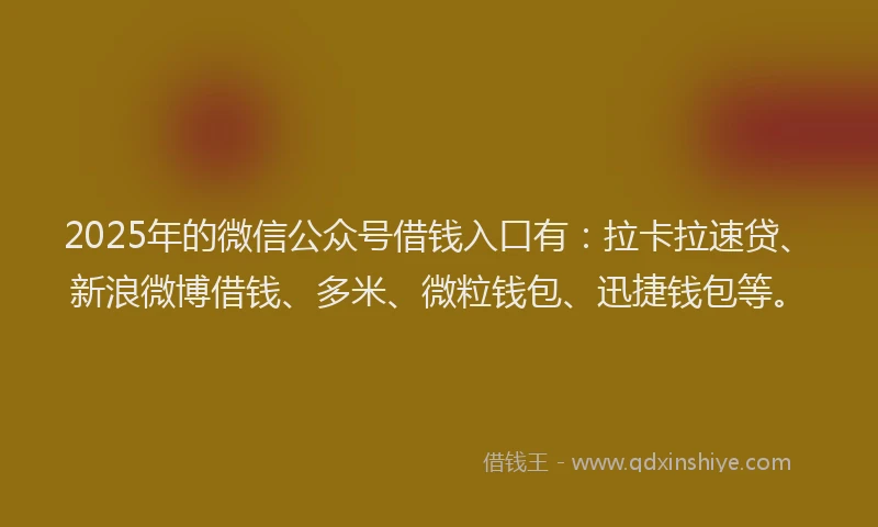 2025年的微信公众号借钱入口有：拉卡拉速贷、新浪微博借钱、多米、微粒钱包、迅捷钱包等。