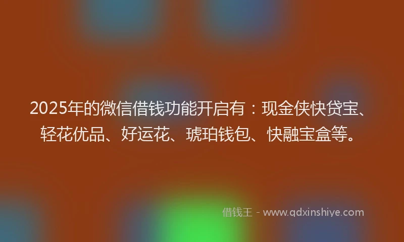 2025年的微信借钱功能开启有：现金侠快贷宝、轻花优品、好运花、琥珀钱包、快融宝盒等。