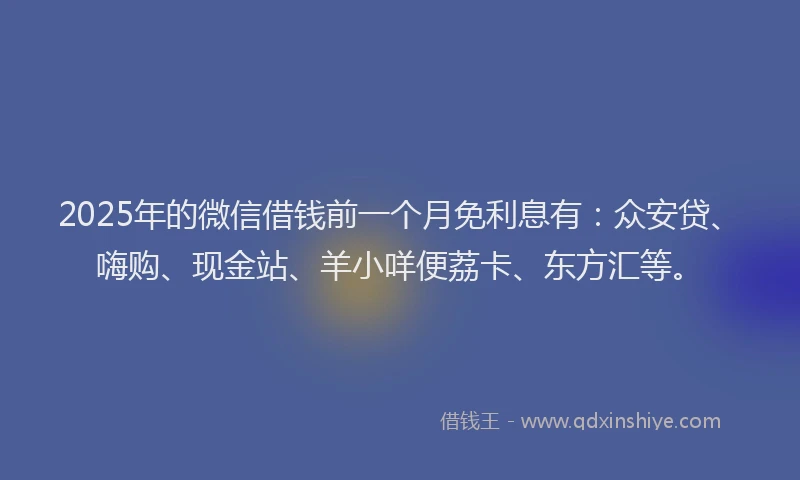 2025年的微信借钱前一个月免利息有：众安贷、嗨购、现金站、羊小咩便荔卡、东方汇等。