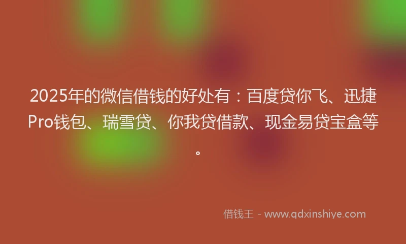 2025年的微信借钱的好处有：百度贷你飞、迅捷Pro钱包、瑞雪贷、你我贷借款、现金易贷宝盒等。