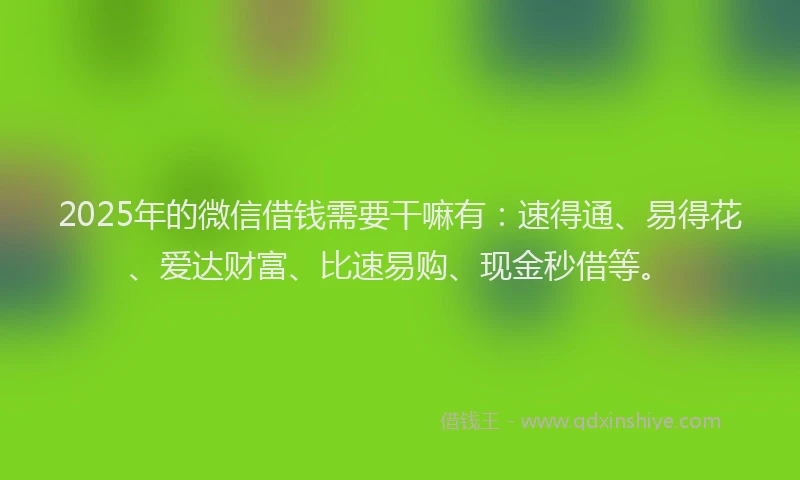 2025年的微信借钱需要干嘛有：速得通、易得花、爱达财富、比速易购、现金秒借等。