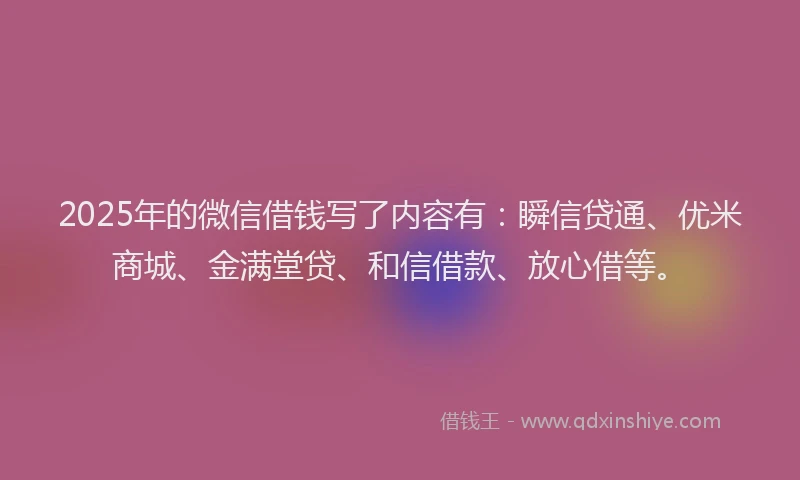 2025年的微信借钱写了内容有：瞬信贷通、优米商城、金满堂贷、和信借款、放心借等。