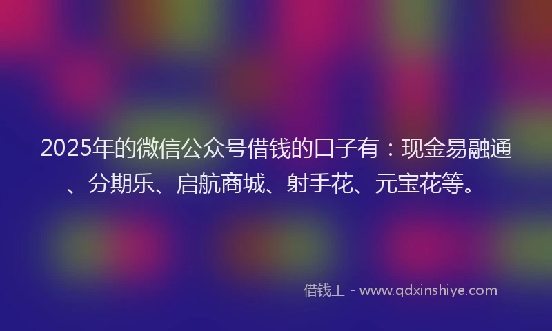 2025年的微信公众号借钱的口子有：现金易融通、分期乐、启航商城、射手花、元宝花等。
