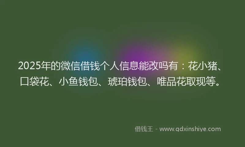 2025年的微信借钱个人信息能改吗有：花小猪、口袋花、小鱼钱包、琥珀钱包、唯品花取现等。
