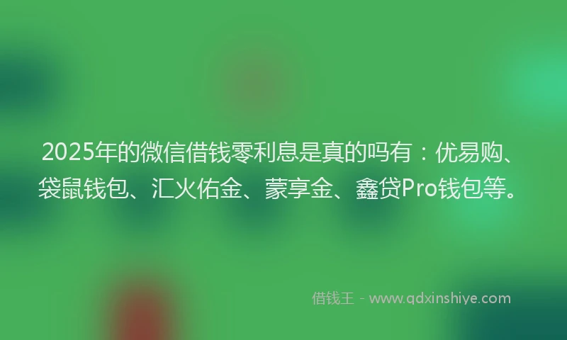 2025年的微信借钱零利息是真的吗有：优易购、袋鼠钱包、汇火佑金、蒙享金、鑫贷Pro钱包等。