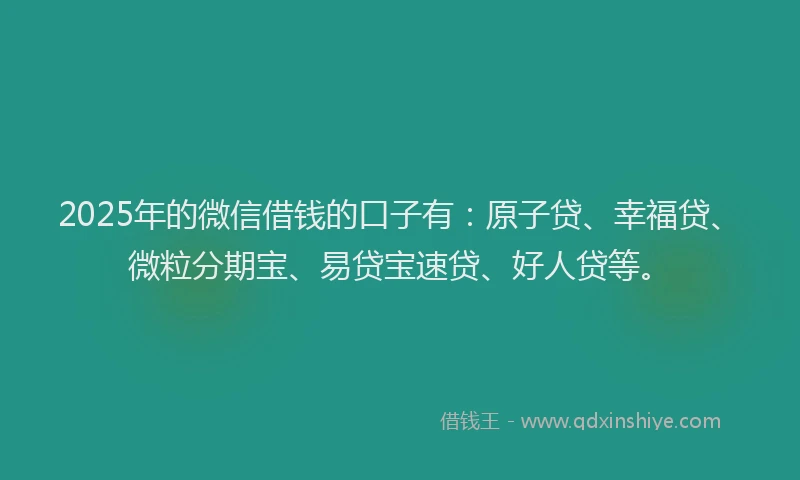 2025年的微信借钱的口子有：原子贷、幸福贷、微粒分期宝、易贷宝速贷、好人贷等。