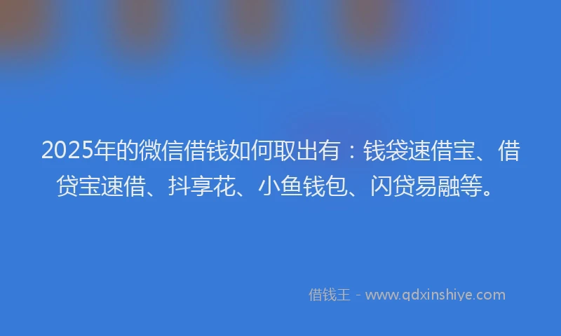 2025年的微信借钱如何取出有：钱袋速借宝、借贷宝速借、抖享花、小鱼钱包、闪贷易融等。
