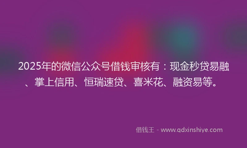 2025年的微信公众号借钱审核有：现金秒贷易融、掌上信用、恒瑞速贷、喜米花、融资易等。