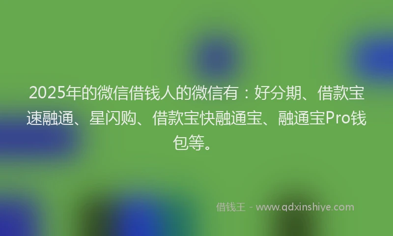 2025年的微信借钱人的微信有：好分期、借款宝速融通、星闪购、借款宝快融通宝、融通宝Pro钱包等。