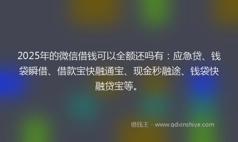 2025年的微信借钱可以全额还吗有：应急贷、钱袋瞬借、借款宝快融通宝、现金秒融途、钱袋快融贷宝等。