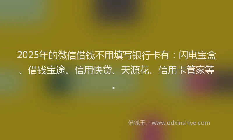 2025年的微信借钱不用填写银行卡有：闪电宝盒、借钱宝途、信用快贷、天源花、信用卡管家等。