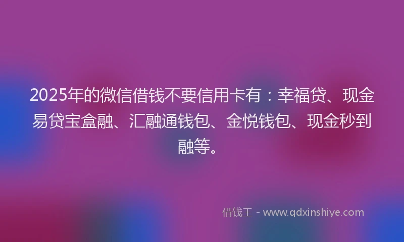 2025年的微信借钱不要信用卡有：幸福贷、现金易贷宝盒融、汇融通钱包、金悦钱包、现金秒到融等。
