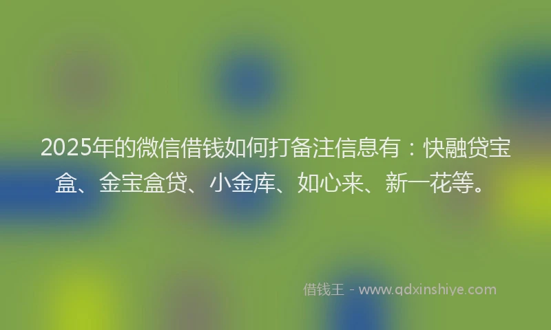 2025年的微信借钱如何打备注信息有：快融贷宝盒、金宝盒贷、小金库、如心来、新一花等。