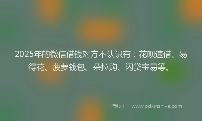 2025年的微信借钱对方不认识有：花呗速借、易得花、菠萝钱包、朵拉购、闪贷宝易等。