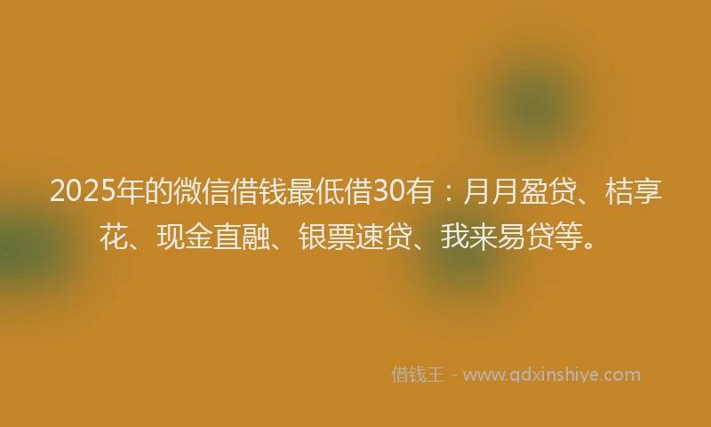2025年的微信借钱最低借30有：月月盈贷、桔享花、现金直融、银票速贷、我来易贷等。