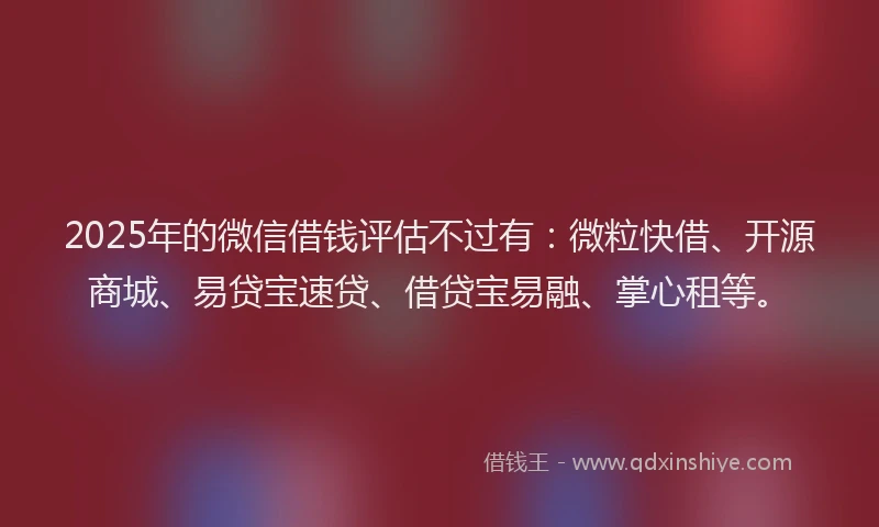 2025年的微信借钱评估不过有：微粒快借、开源商城、易贷宝速贷、借贷宝易融、掌心租等。