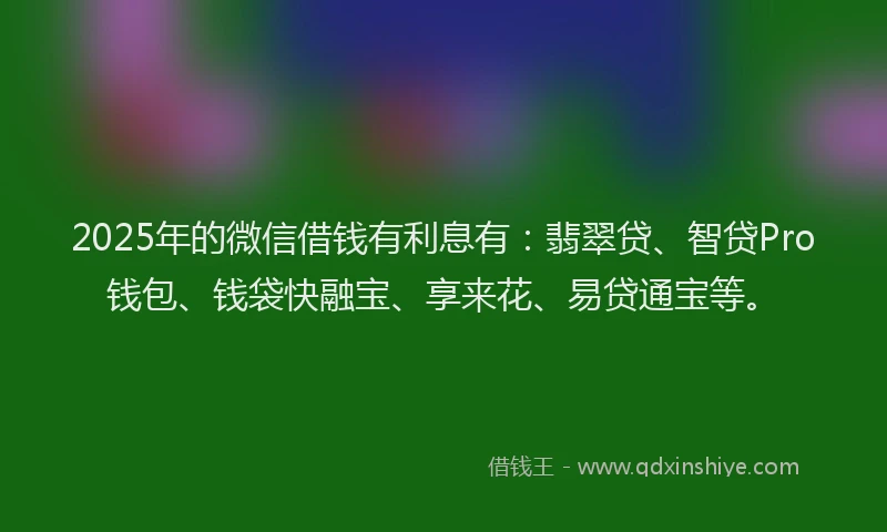 2025年的微信借钱有利息有：翡翠贷、智贷Pro钱包、钱袋快融宝、享来花、易贷通宝等。