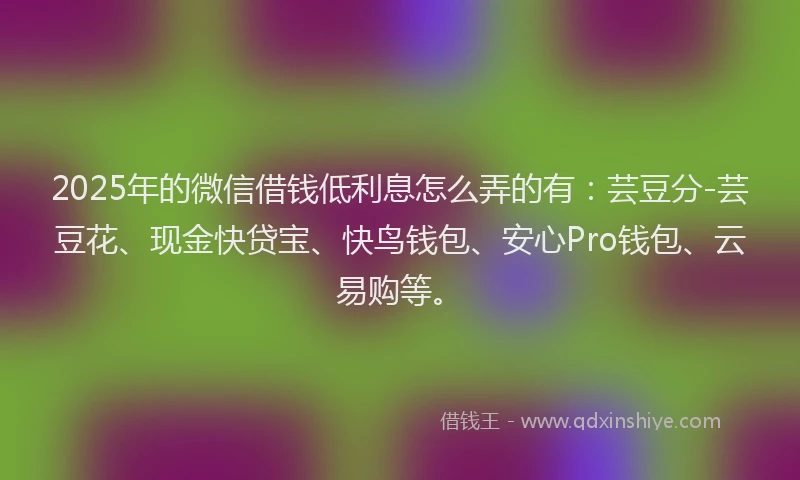 2025年的微信借钱低利息怎么弄的有：芸豆分-芸豆花、现金快贷宝、快鸟钱包、安心Pro钱包、云易购等。